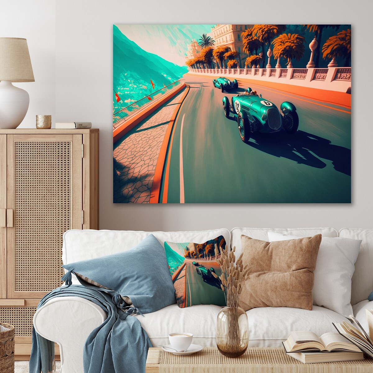 Designart 'Retro Race Car In Monaco Street Race I' Exotic Car Metal Wall Art