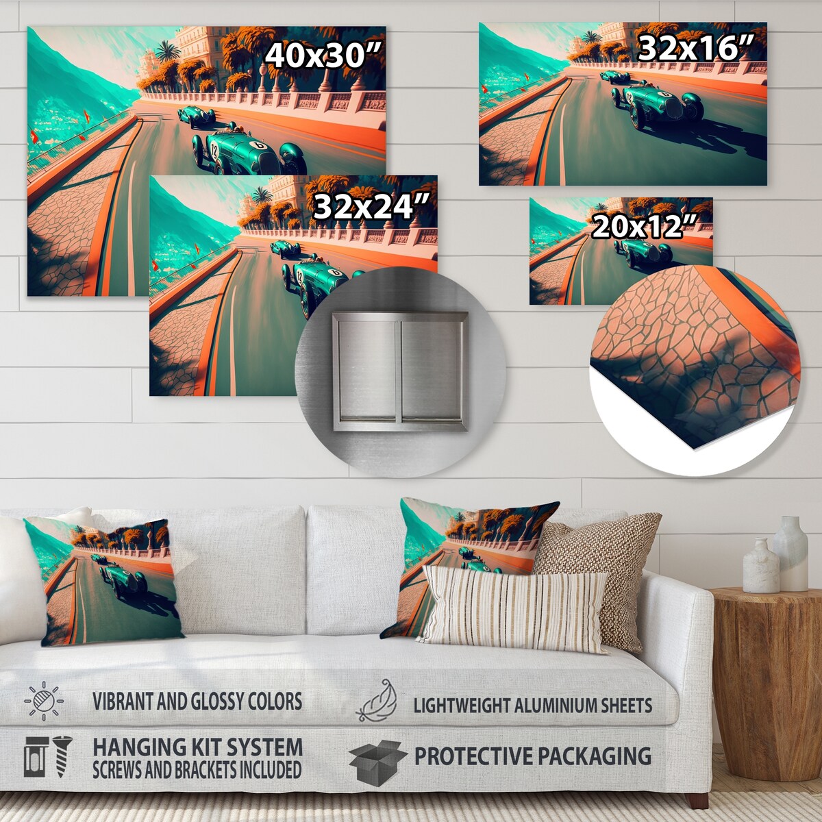 Designart 'Retro Race Car In Monaco Street Race I' Exotic Car Metal Wall Art