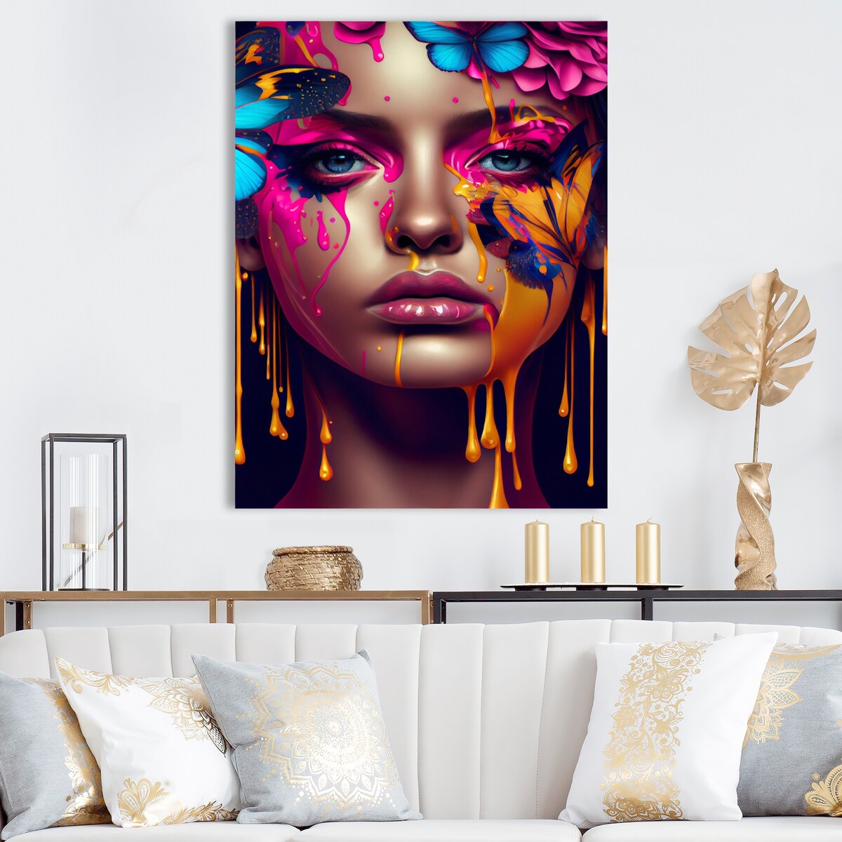 Designart 'Sensual Woman With Colorful Butterfly V' Woman Butterfly Metal Wall Art