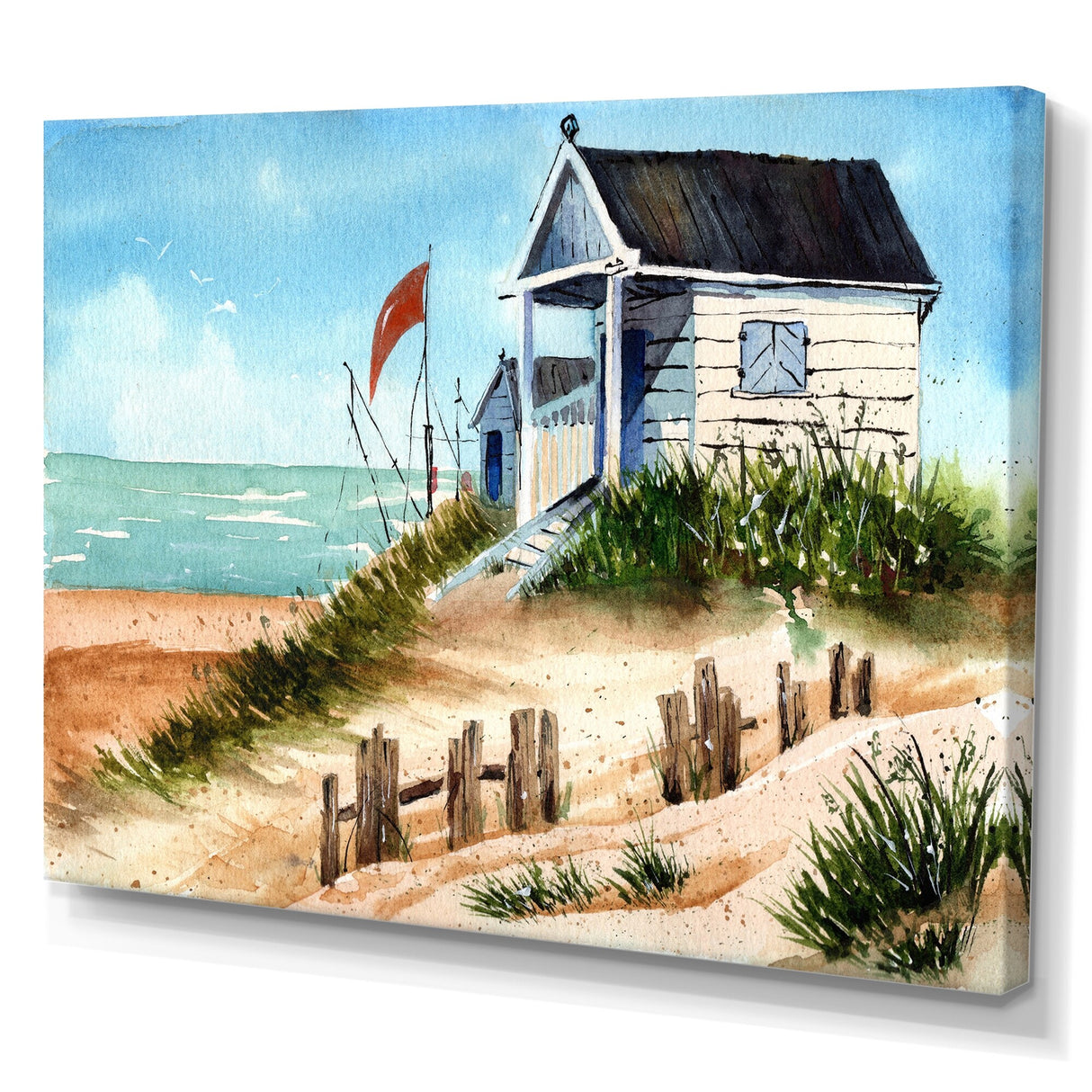 Designart "Small Bungalow On The Shore With Old Fence" Nautical & Coastal Canvas Wall Art Print