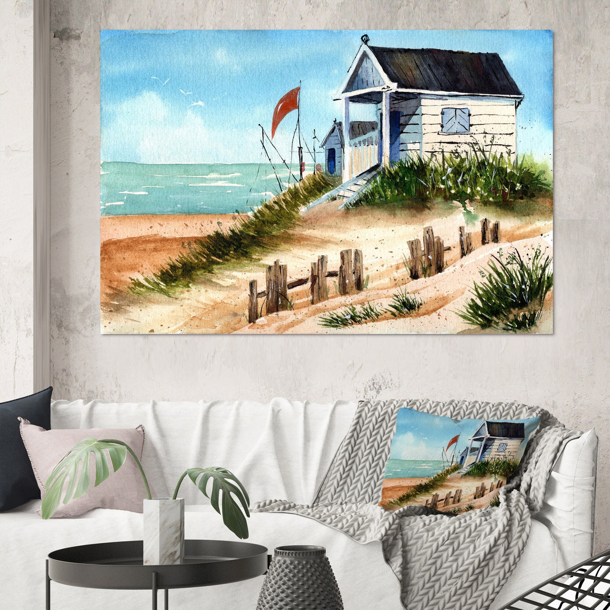 Designart "Small Bungalow On The Shore With Old Fence" Nautical & Coastal Canvas Wall Art Print