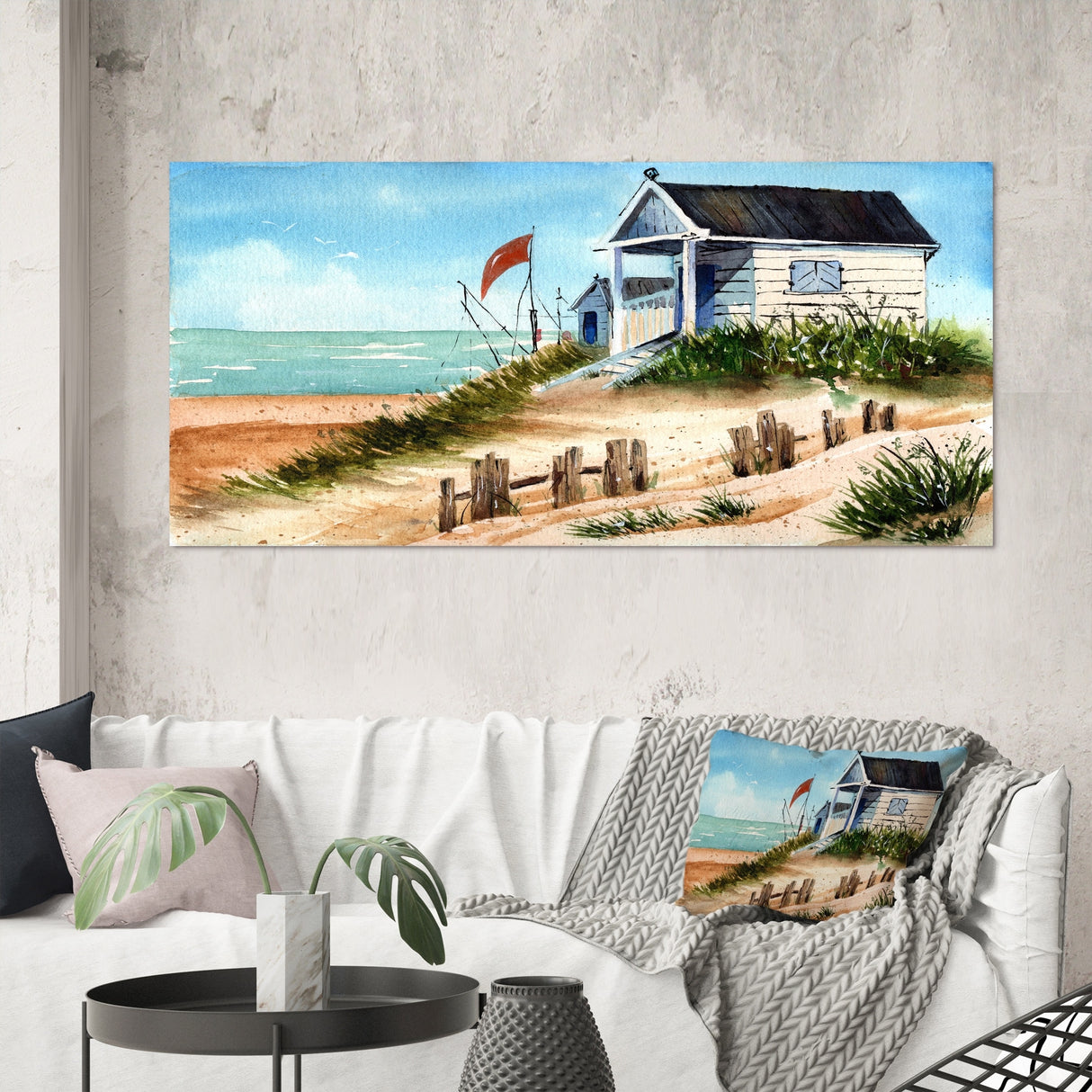 Designart "Small Bungalow On The Shore With Old Fence" Nautical & Coastal Canvas Wall Art Print