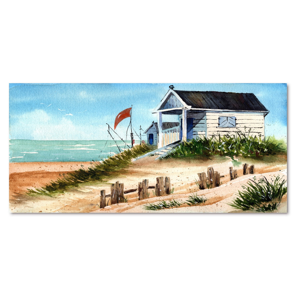 Designart "Small Bungalow On The Shore With Old Fence" Nautical & Coastal Canvas Wall Art Print