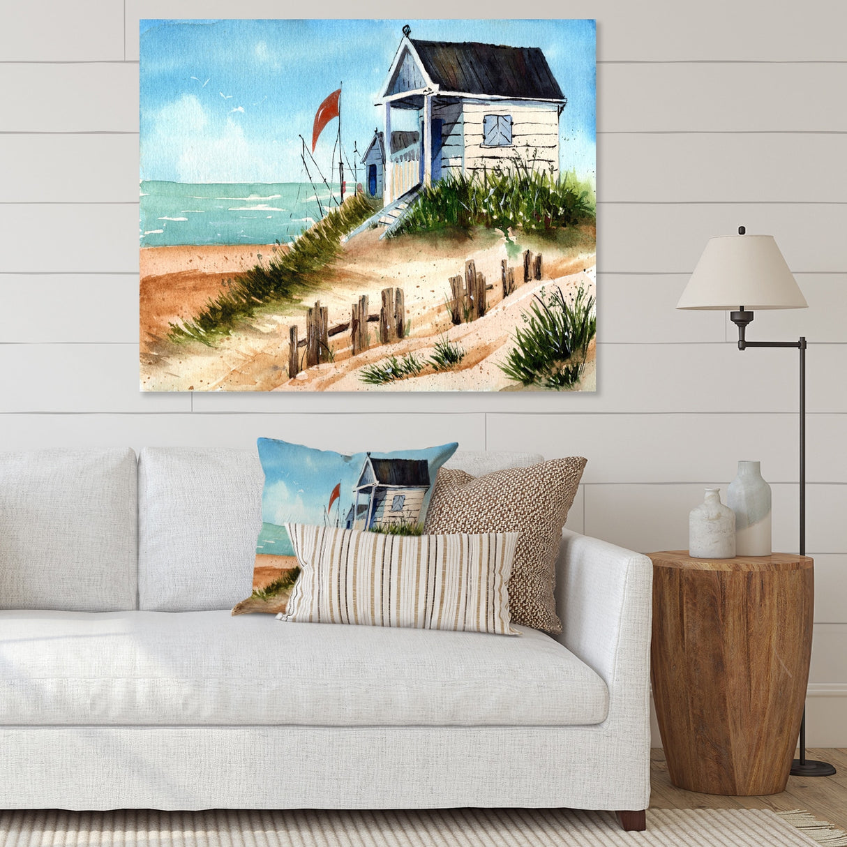 Designart "Small Bungalow On The Shore With Old Fence" Nautical & Coastal Canvas Wall Art Print