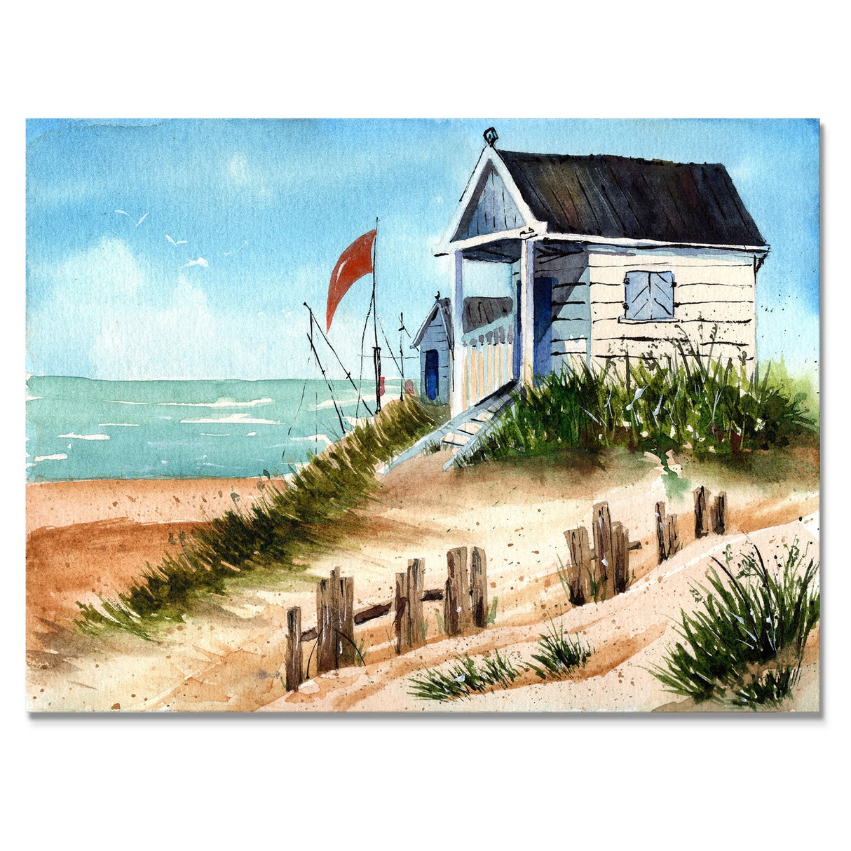 Designart "Small Bungalow On The Shore With Old Fence" Nautical & Coastal Canvas Wall Art Print