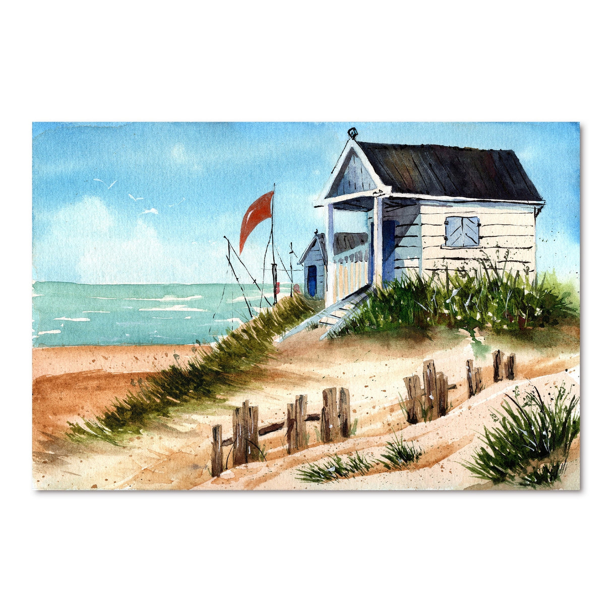 Designart "Small Bungalow On The Shore With Old Fence" Nautical & Coastal Canvas Wall Art Print