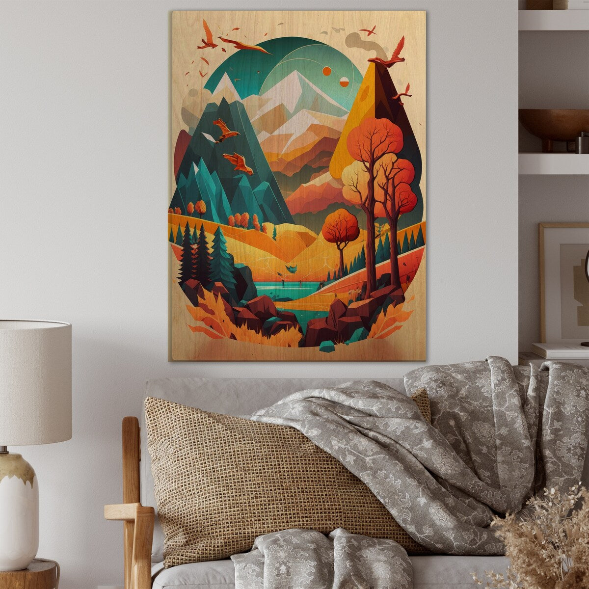 Designart 'Summer Scene In Modern Vector'Modern Landscape Beach Wood Wall Art - Natural Pine Wood