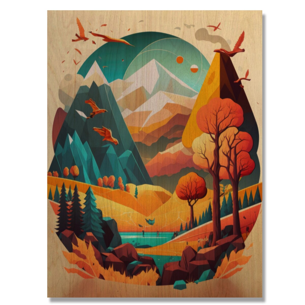Designart 'Summer Scene In Modern Vector'Modern Landscape Beach Wood Wall Art - Natural Pine Wood
