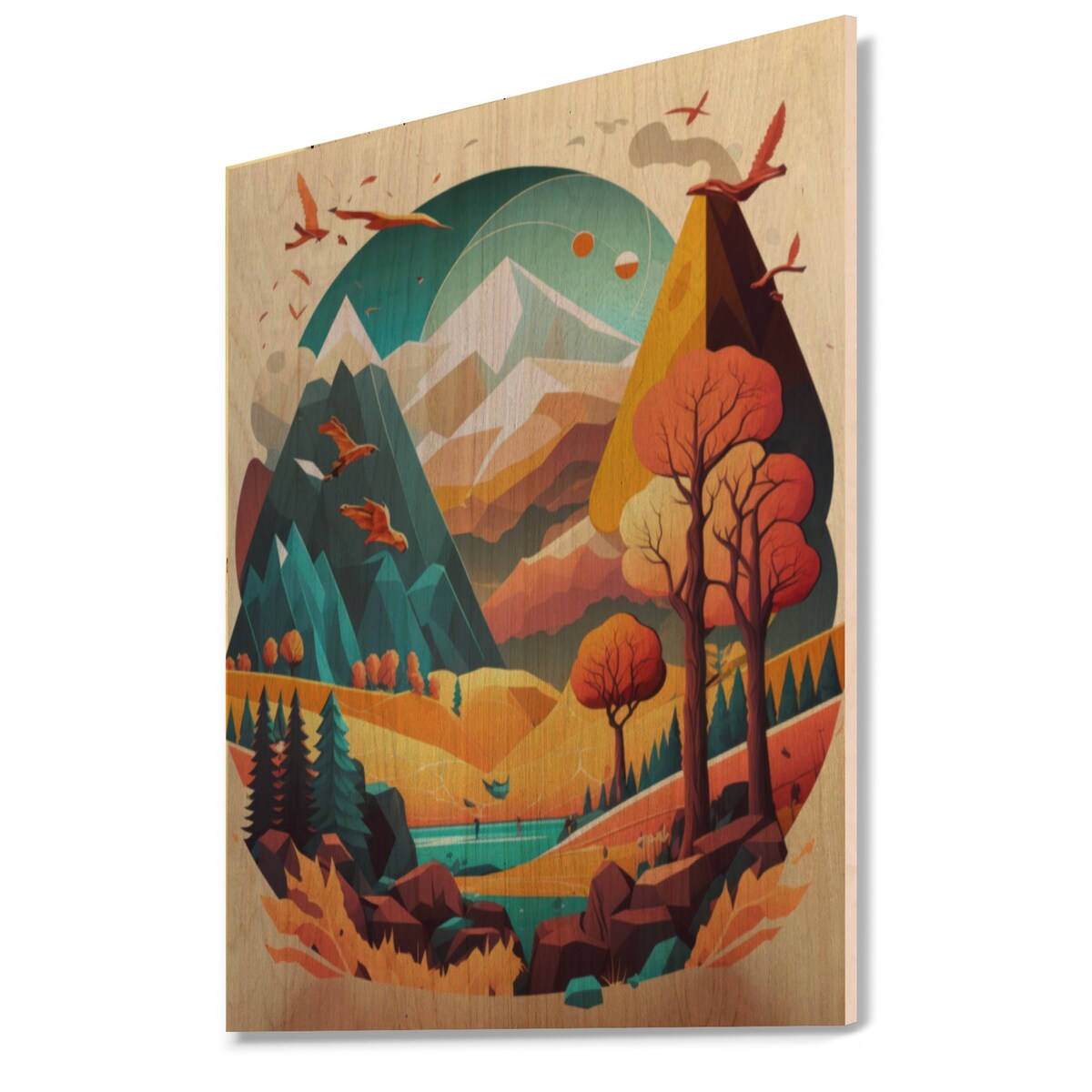 Designart 'Summer Scene In Modern Vector'Modern Landscape Beach Wood Wall Art - Natural Pine Wood