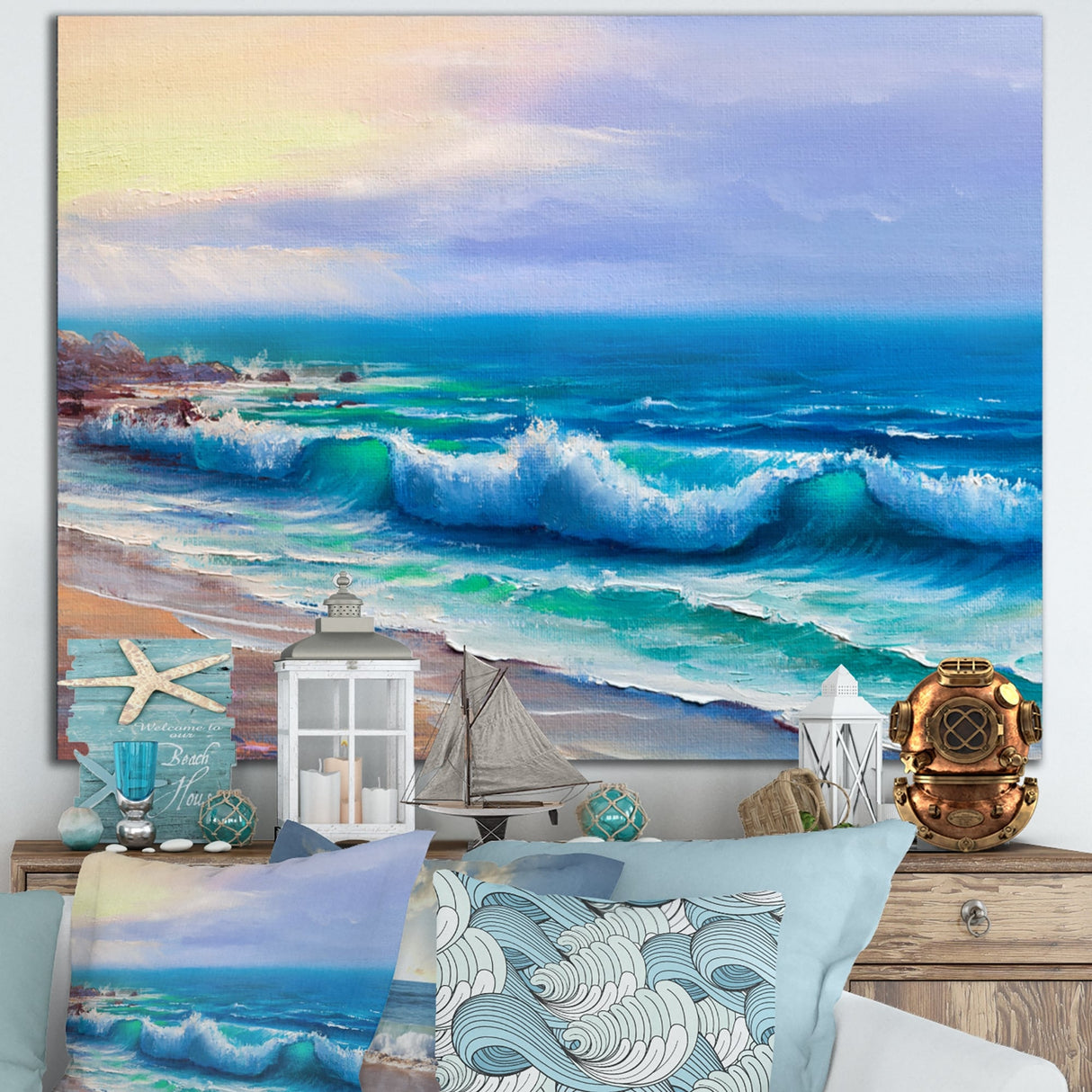 Designart "Sunshine Reflecting Throug Braking Waves VI" Coastal Canvas Wall Art Print
