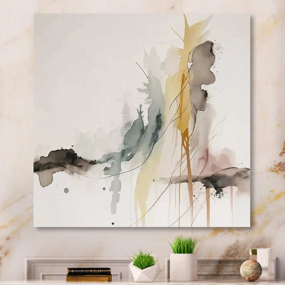 Designart 'Touched By Mustard Yellow And Ultimate Gray III' Abstract Liquid Ink Metal Wall Art