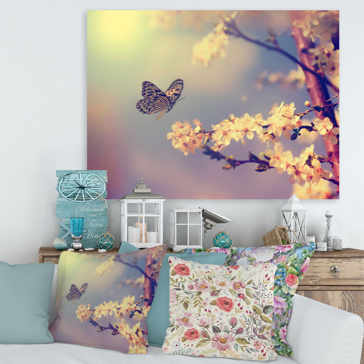 Designart "Vintage Butterfly Flying To A White Flower" Traditional Canvas Wall Art Print