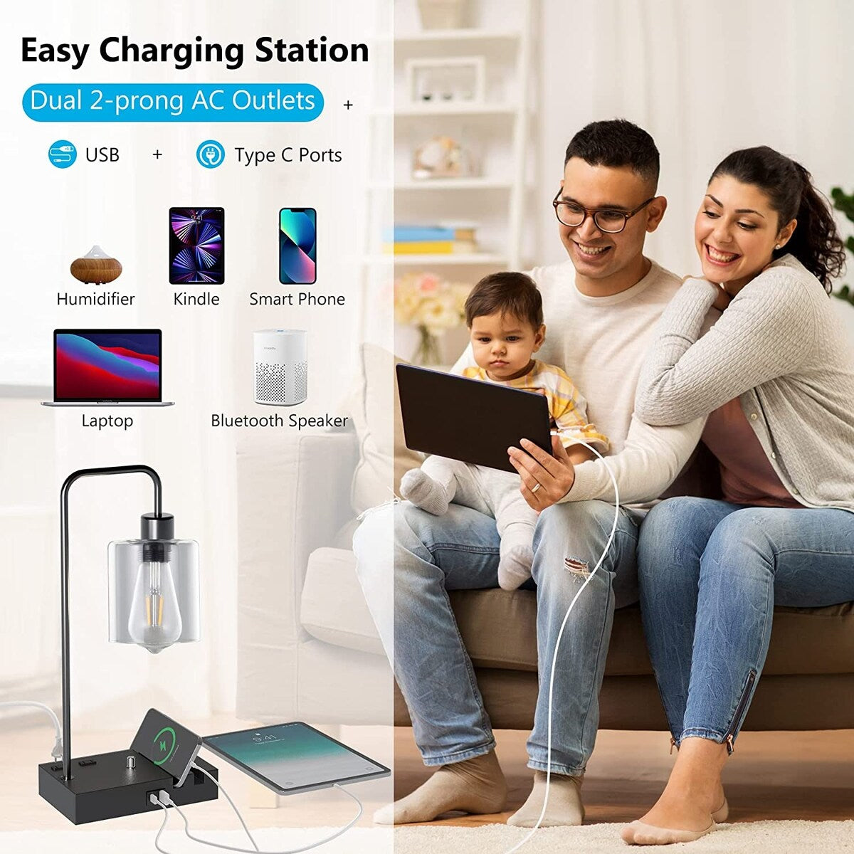 Desk Lamp with Type C USB Port, 2 Phone Stands, LED Bulb Included