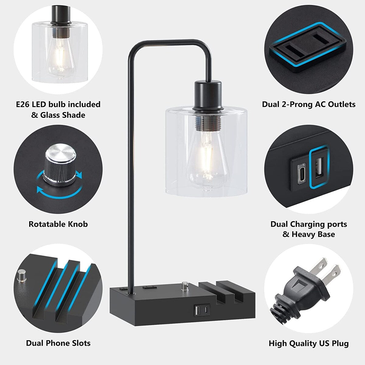 Desk Lamp with Type C USB Port, 2 Phone Stands, LED Bulb Included