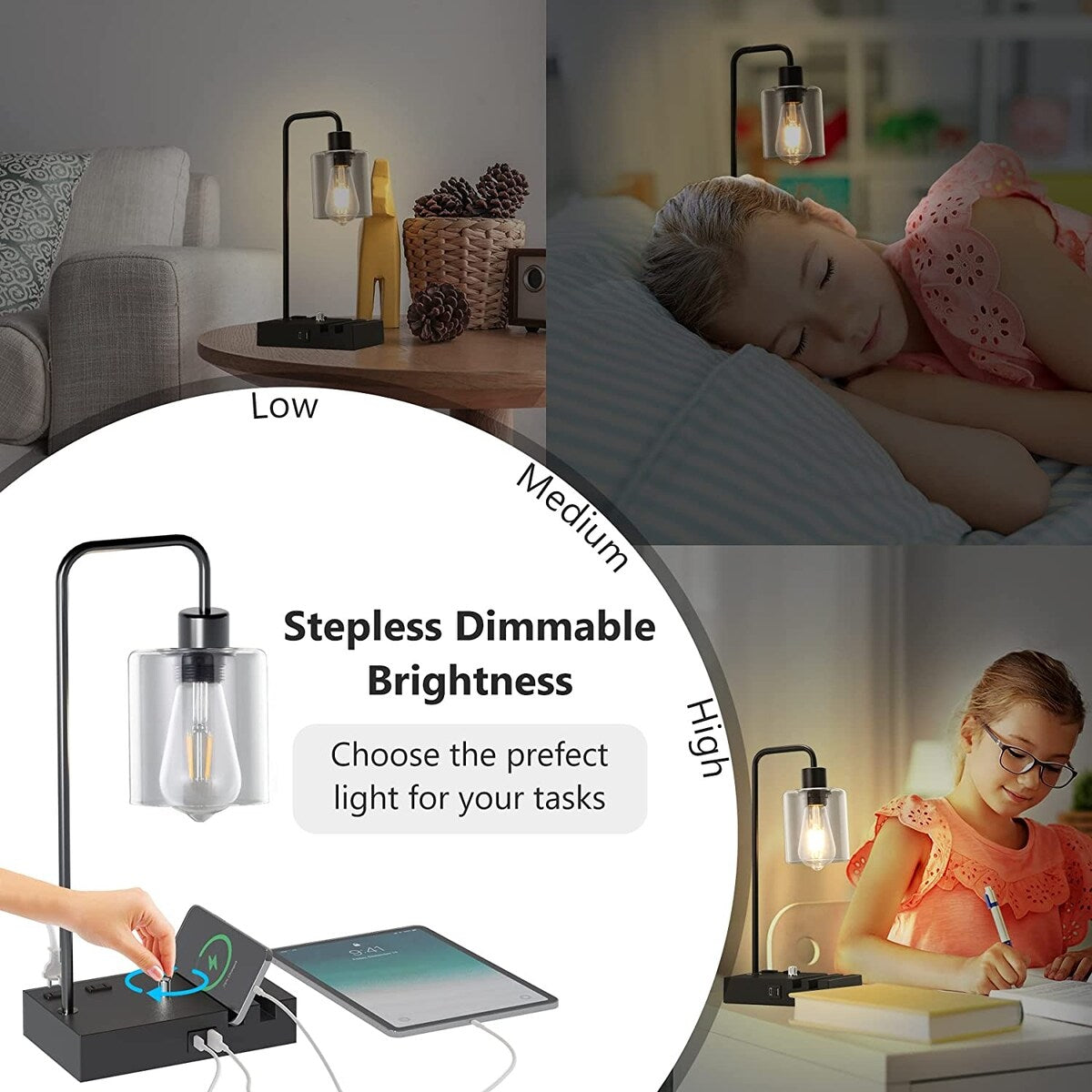 Desk Lamp with Type C USB Port, 2 Phone Stands, LED Bulb Included