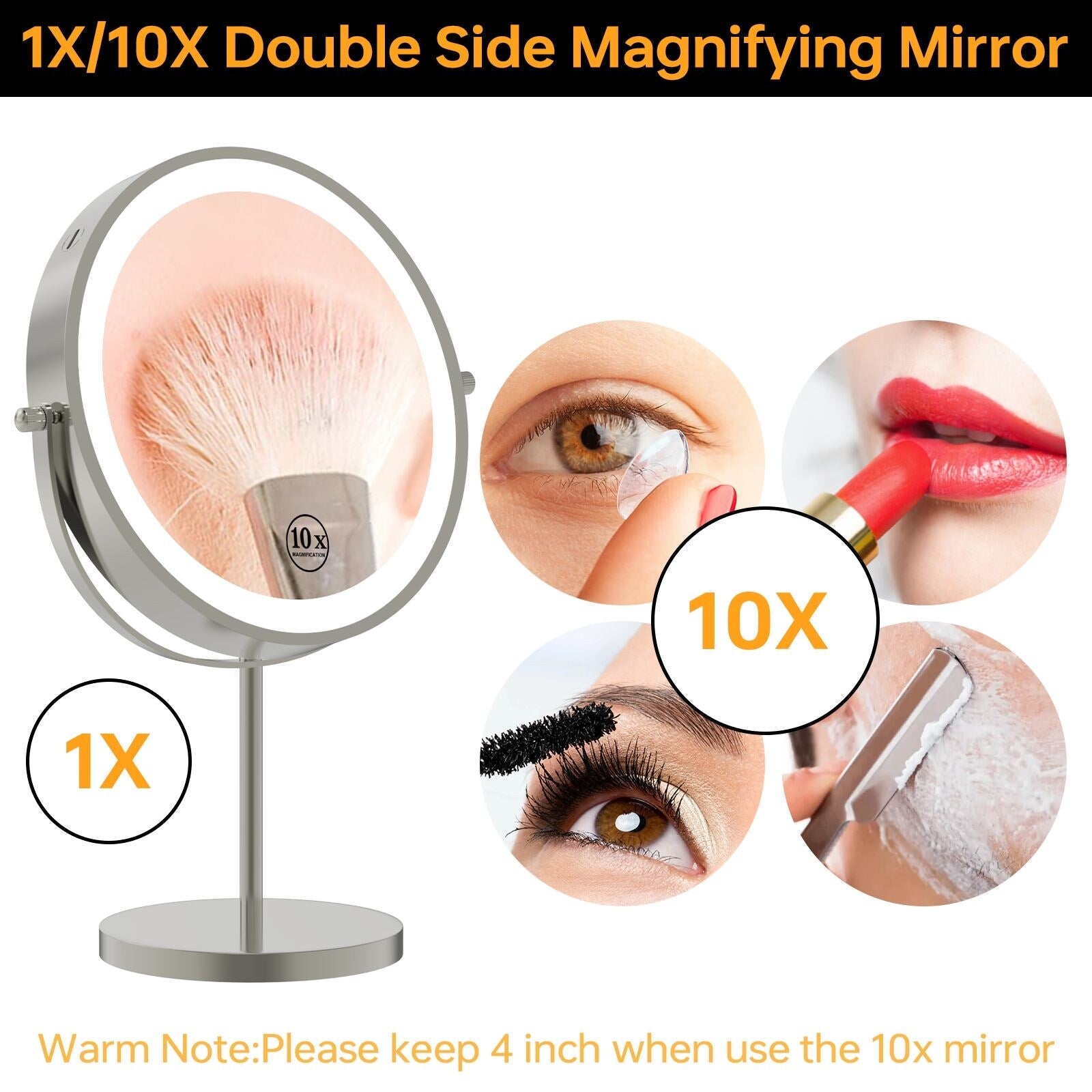 Desktop Makeup Mirror with 3 Color Lighted 1X 10X Magnifying Mirror with Touch Control 360 Rotation Type C Charging Port