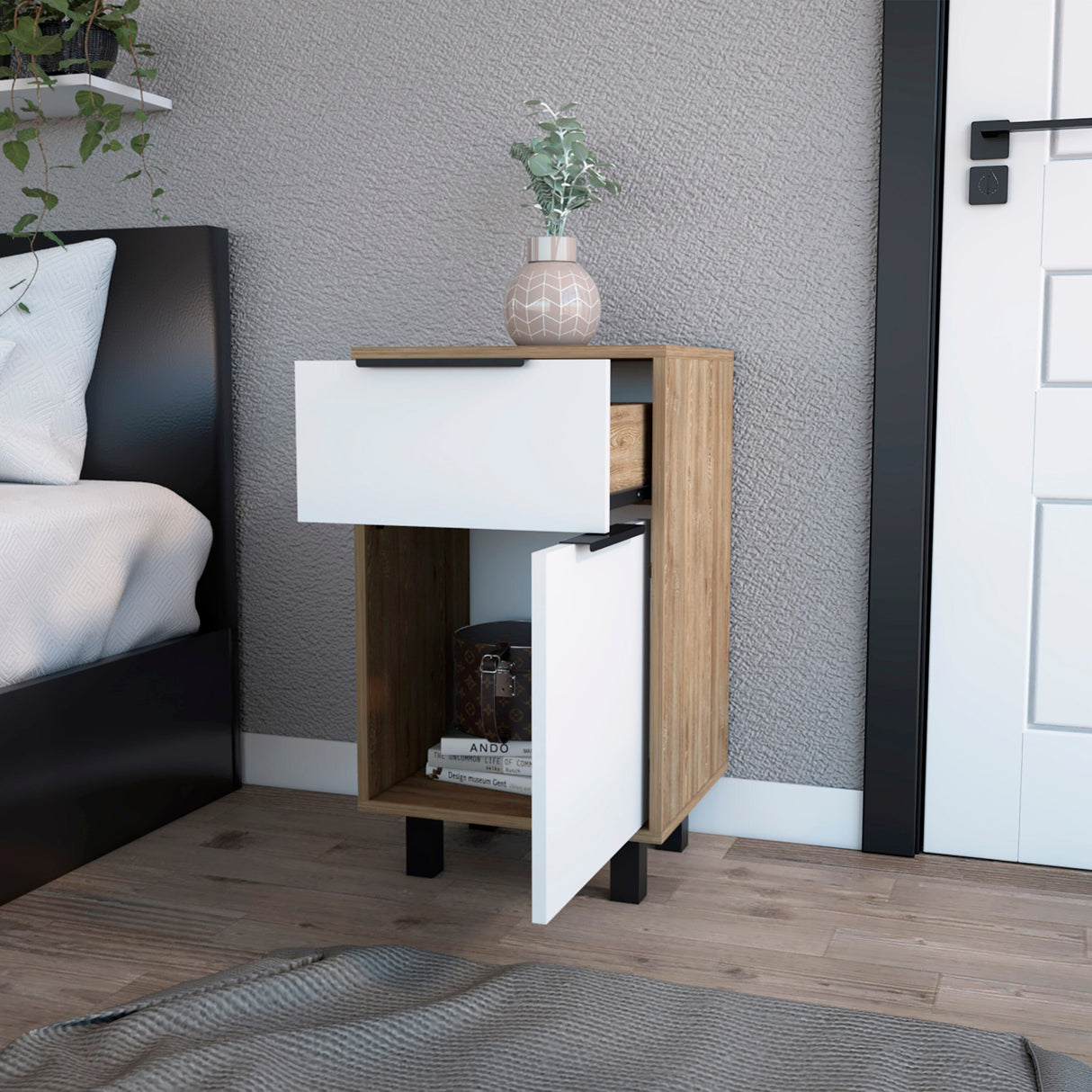 FM Furniture Luxor Z Nightstand with One Cabinet, Superior Top, and One Drawer