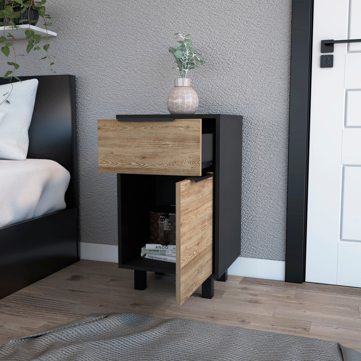 FM Furniture Luxor Z Nightstand with One Cabinet, Superior Top, and One Drawer
