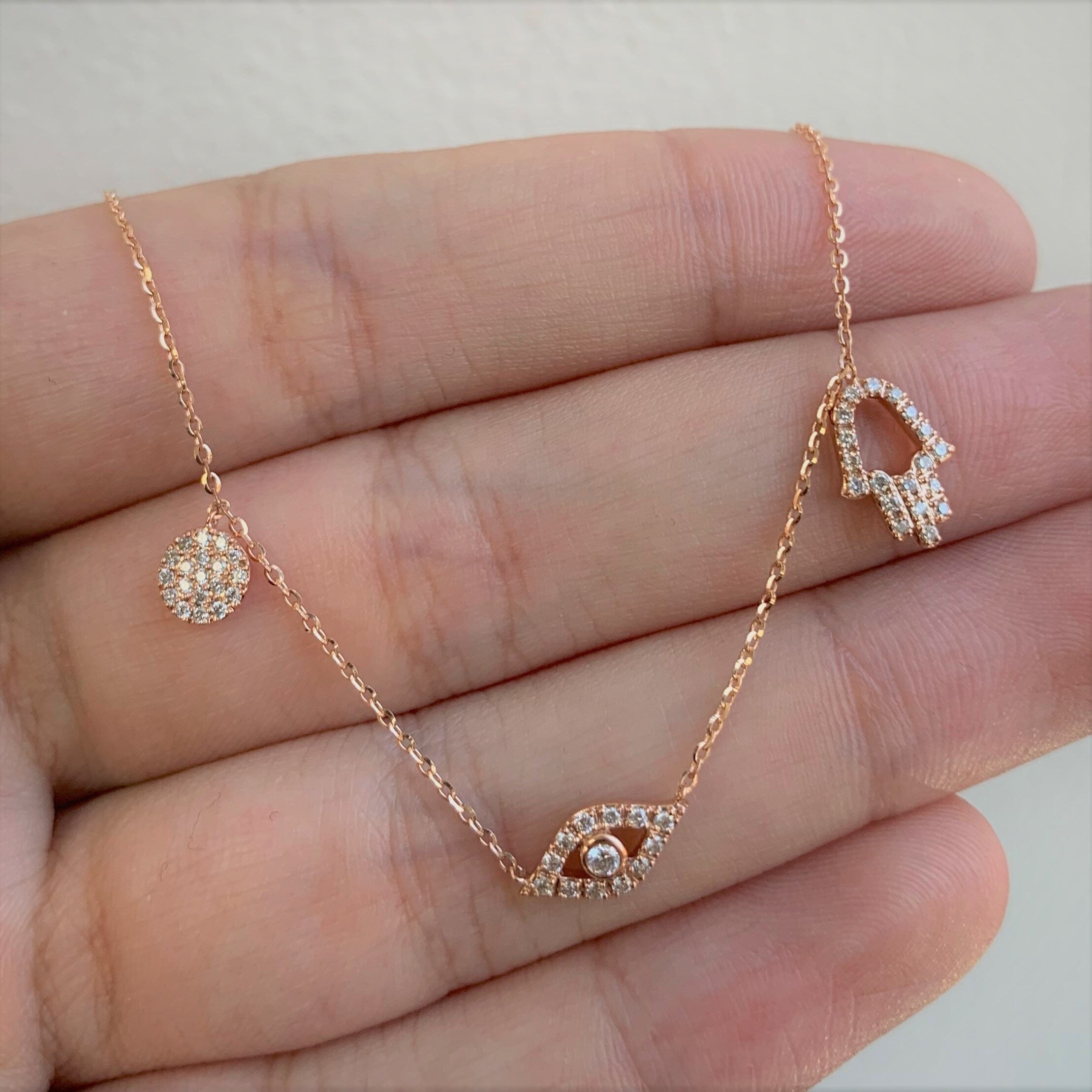 Joelle Collection Diamond Evil Eye & Hamsa Necklace 14K Gold 1/4 ct TDW Adjustable 16-18-inch Chain