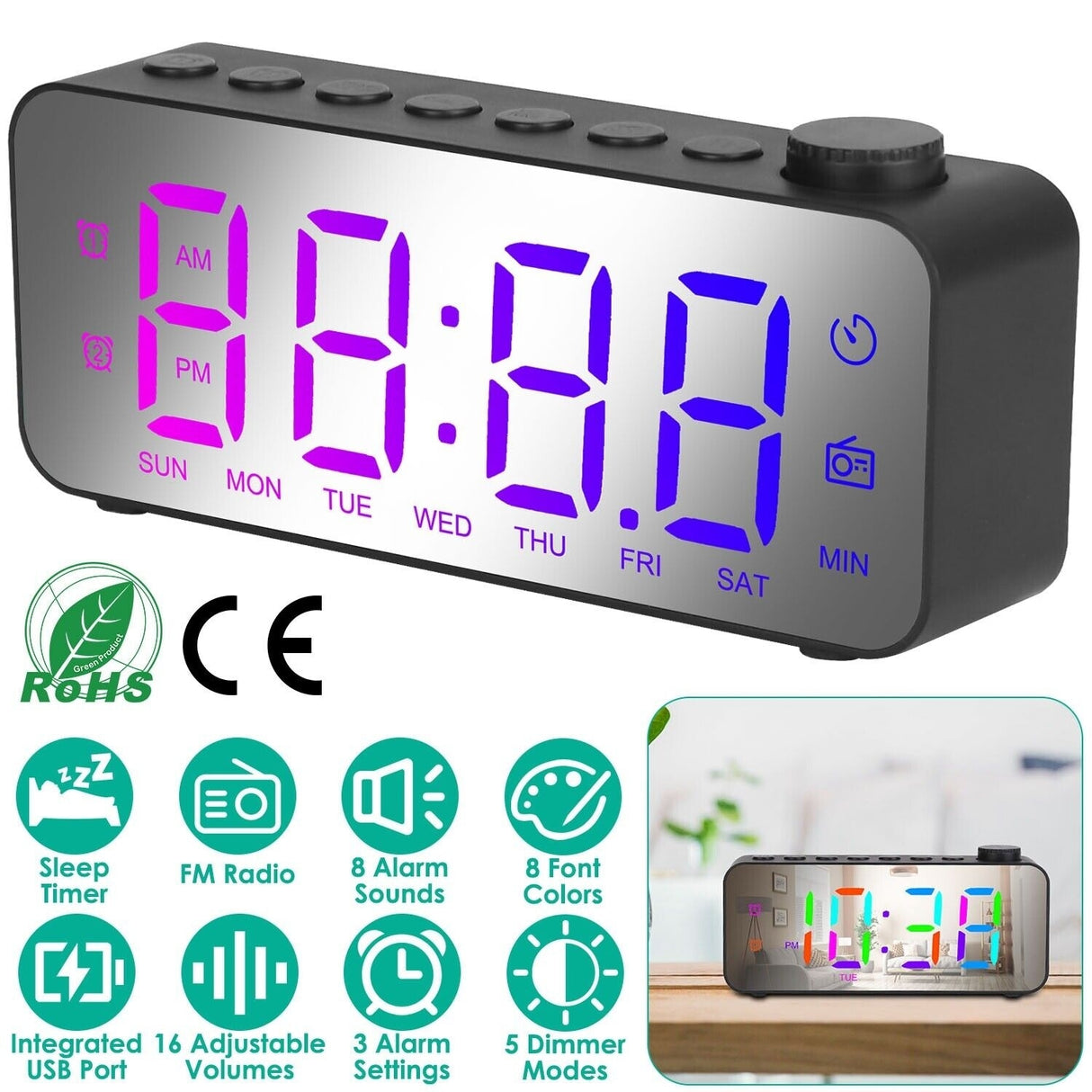 Digital 3D LED Wall Desk Alarm Clock with Snooze