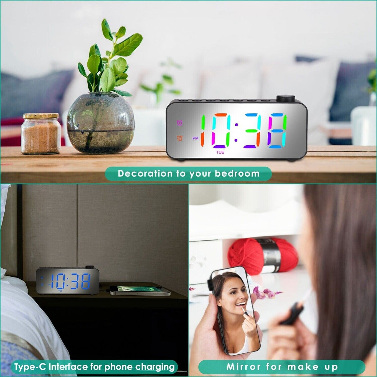 Digital 3D LED Wall Desk Alarm Clock with Snooze