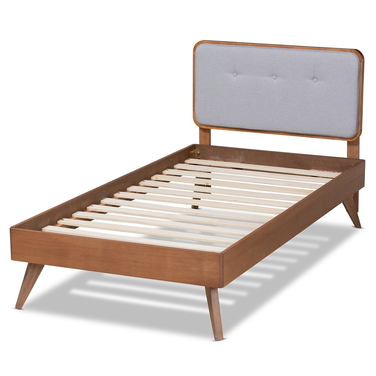 Dilara Mid-Century Modern Light Grey Fabric Upholstered and Walnut Brown Finished Wood Twin Size Platform Bed
