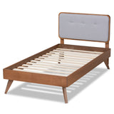 Dilara Mid-Century Modern Light Grey Fabric Upholstered and Walnut Brown Finished Wood Twin Size Platform Bed