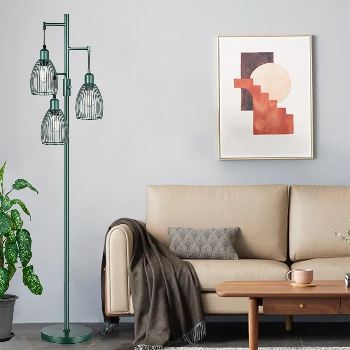 Dimmable Industrial Floor Lamps for Living Room, Hunter Green Tree Standing Tall Lamps with 3 Elegant Teardrop Cage Head