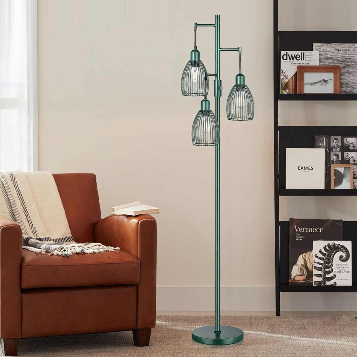 Dimmable Industrial Floor Lamps for Living Room, Hunter Green Tree Standing Tall Lamps with 3 Elegant Teardrop Cage Head