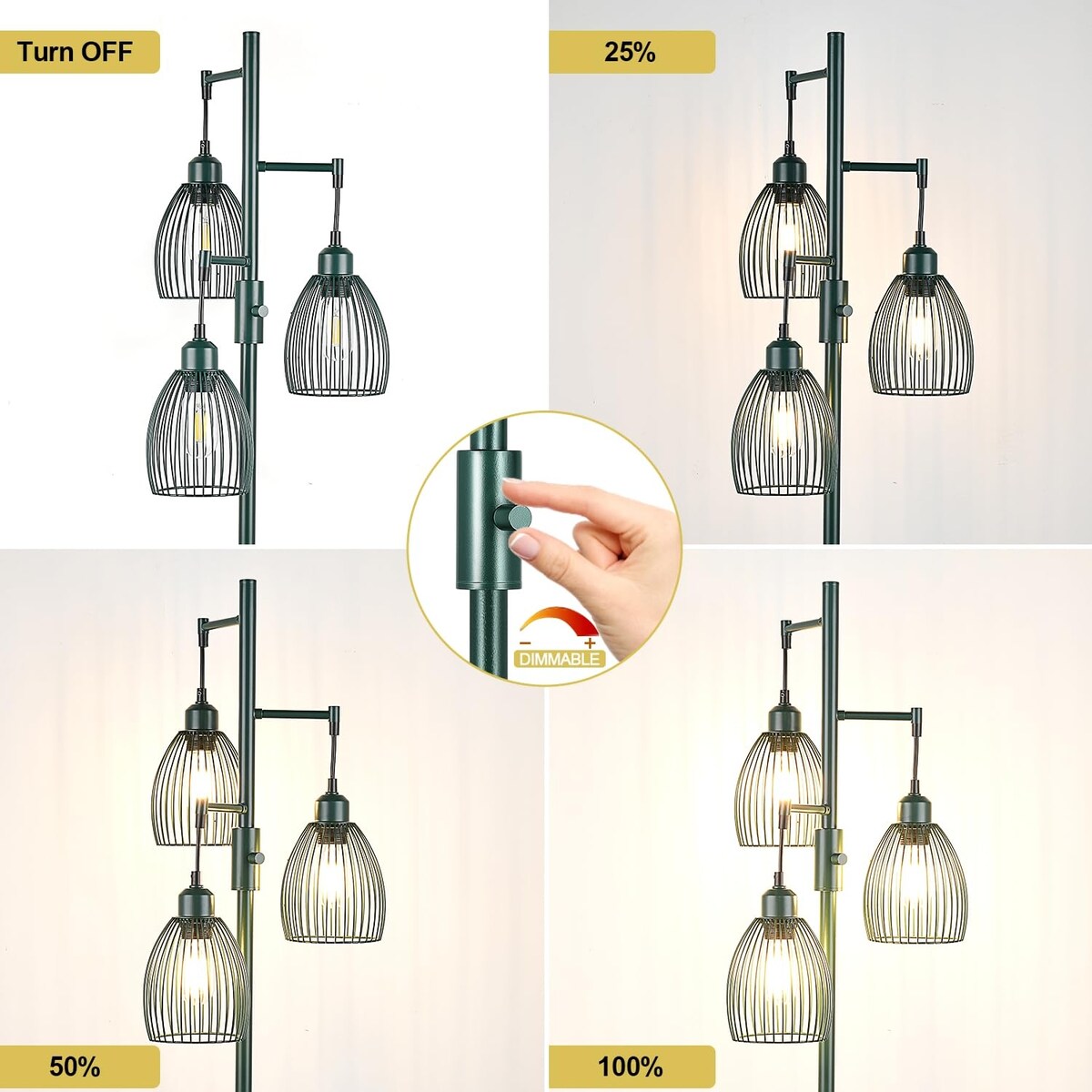 Dimmable Industrial Floor Lamps for Living Room, Hunter Green Tree Standing Tall Lamps with 3 Elegant Teardrop Cage Head