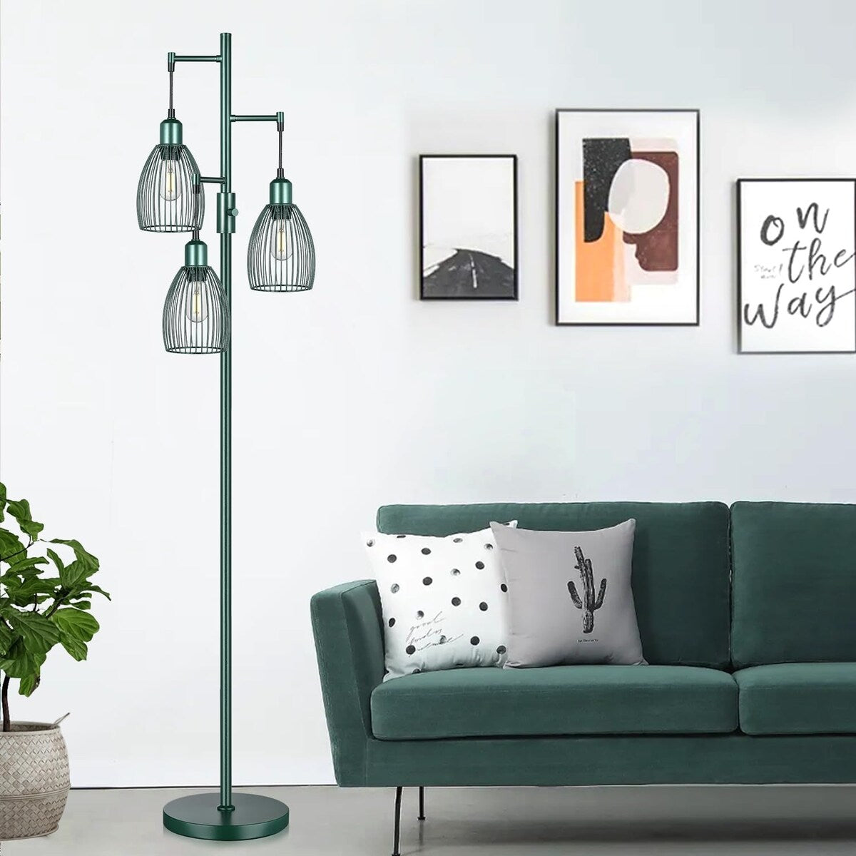 Dimmable Industrial Floor Lamps for Living Room, Hunter Green Tree Standing Tall Lamps with 3 Elegant Teardrop Cage Head