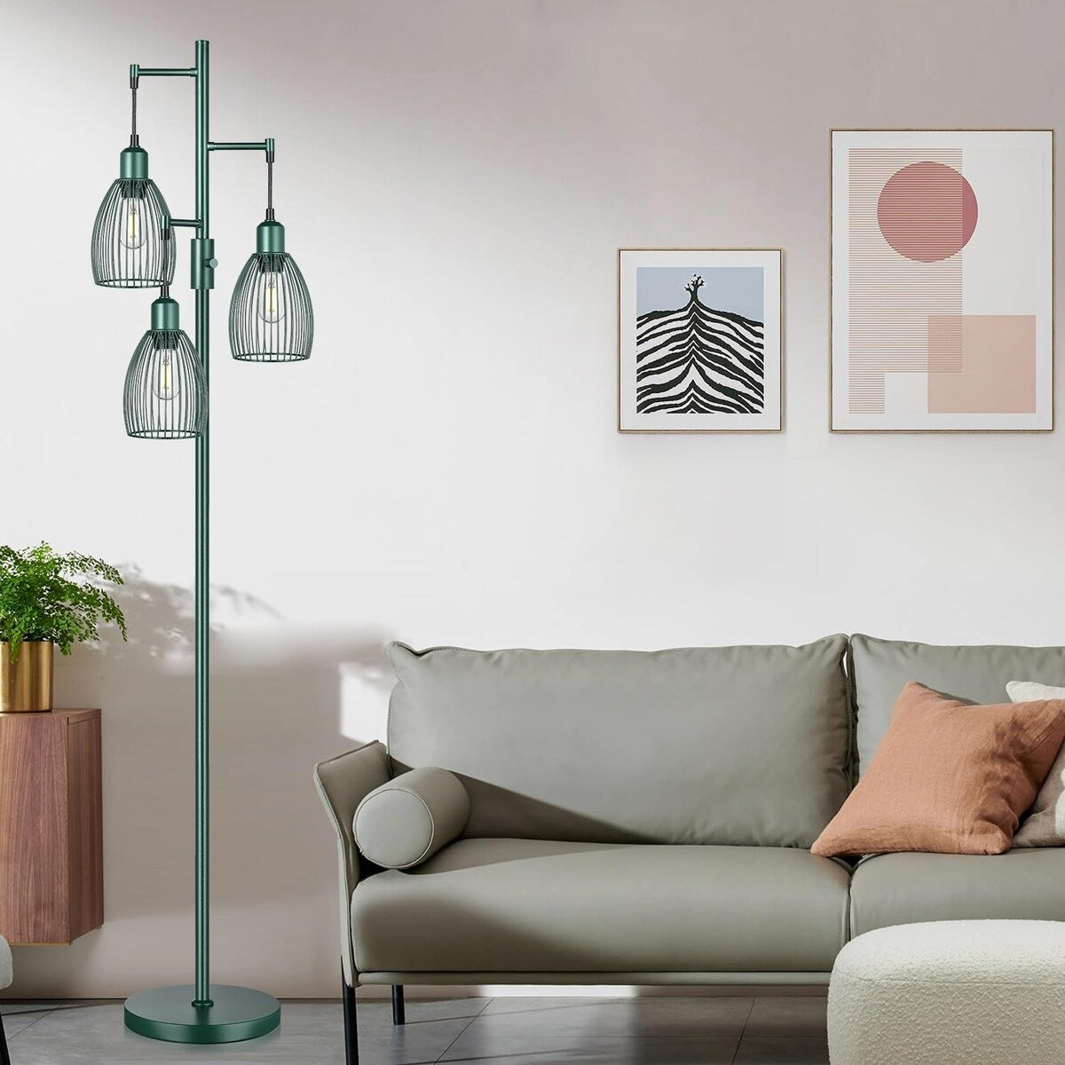 Dimmable Industrial Floor Lamps for Living Room, Hunter Green Tree Standing Tall Lamps with 3 Elegant Teardrop Cage Head