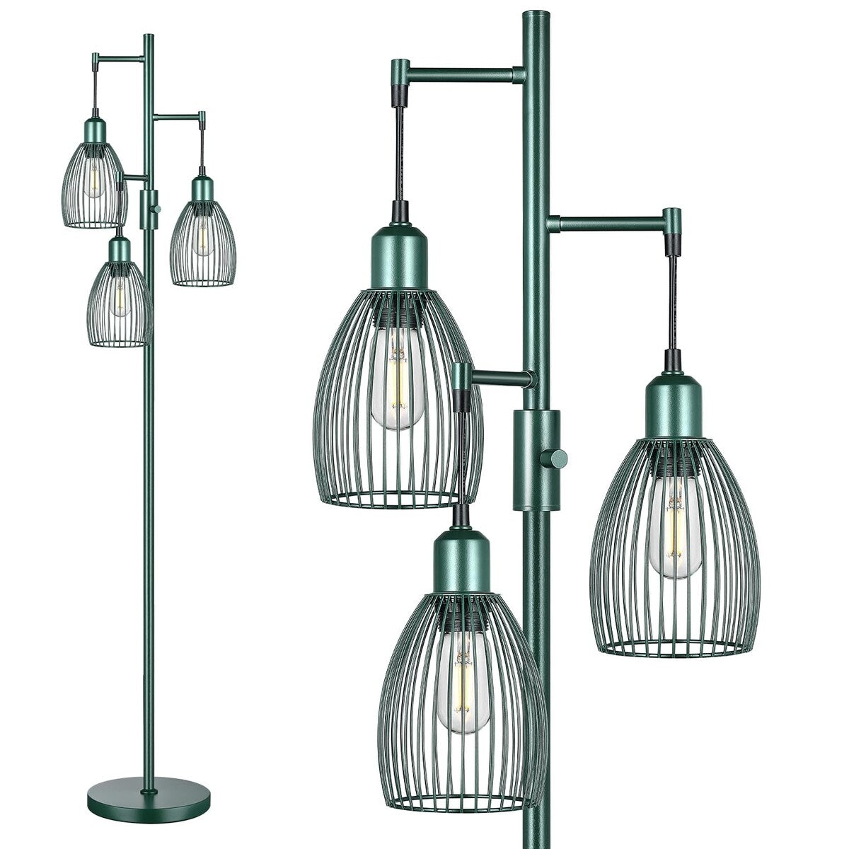 Dimmable Industrial Floor Lamps for Living Room, Hunter Green Tree Standing Tall Lamps with 3 Elegant Teardrop Cage Head