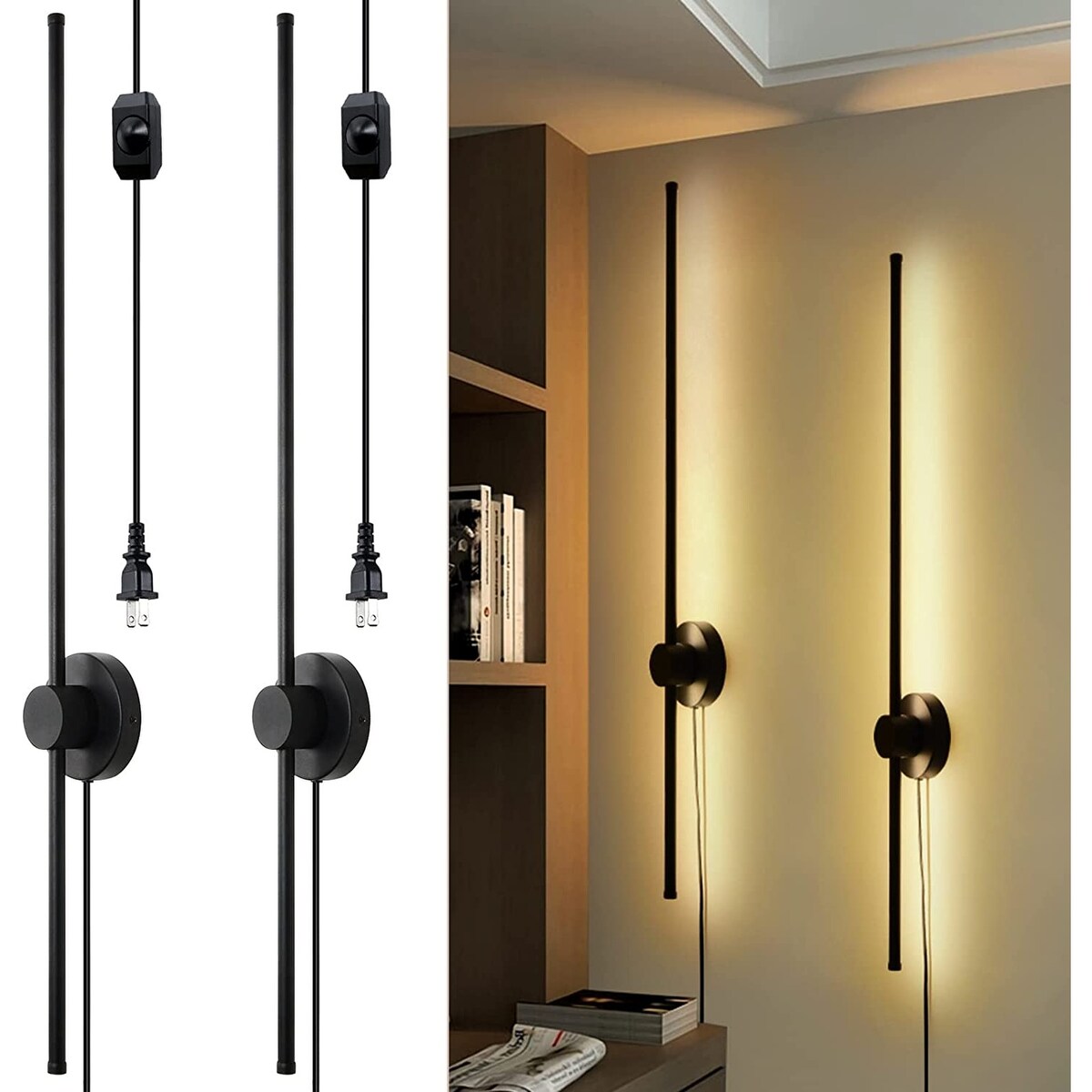 Dimmable Modern Plug in Wall Sconce Set of Two Matte Black Wall Lights(2-Pack)
