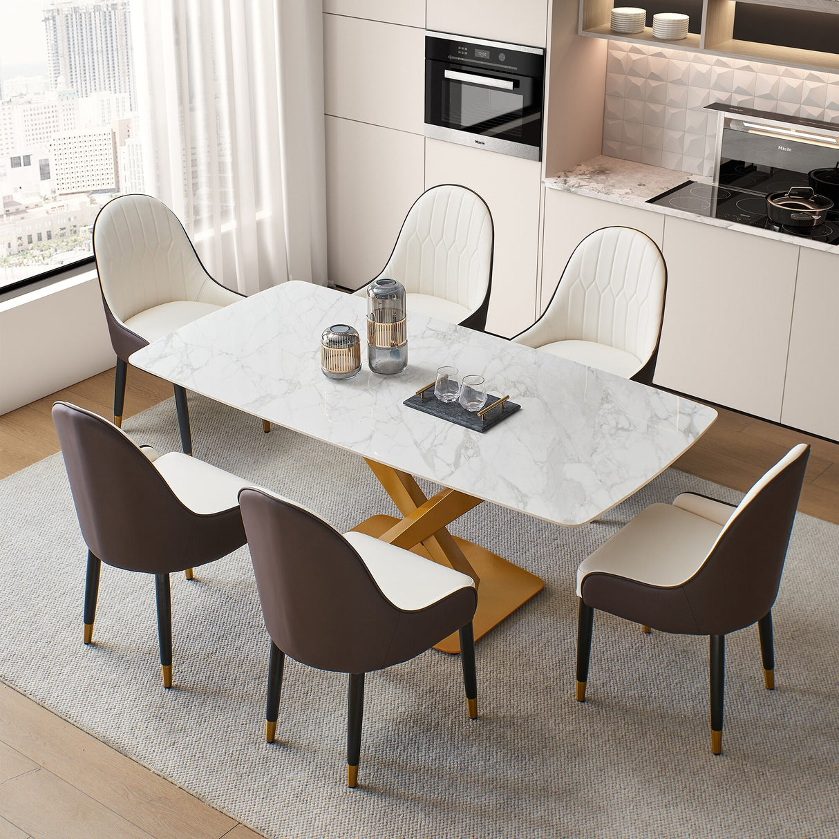 Dining Chair with PU Leather White solid wood metal legs (Set of 2)
