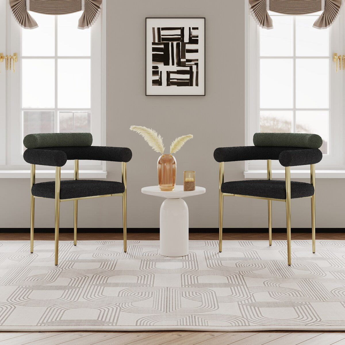 Dining Chairs Set of 2, Kitchen Dining Room Chairs, Round Boucle Backrest Sherpa Dining Chair with Brushed Bronze Metal Legs