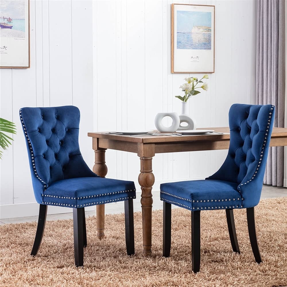 Dining Chairs Set of 2, Upholstered Accent Chair Button Tufted Armless Chair with Back Ring Pull and Nailhead Trim