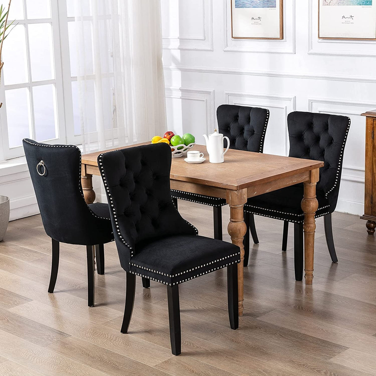 Dining Chairs Set of 2, Upholstered Accent Chair Button Tufted Armless Chair with Back Ring Pull and Nailhead Trim