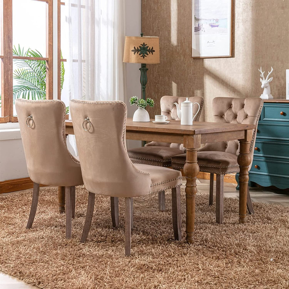Dining Chairs Set of 2, Upholstered Accent Chair Button Tufted Armless Chair with Back Ring Pull and Nailhead Trim
