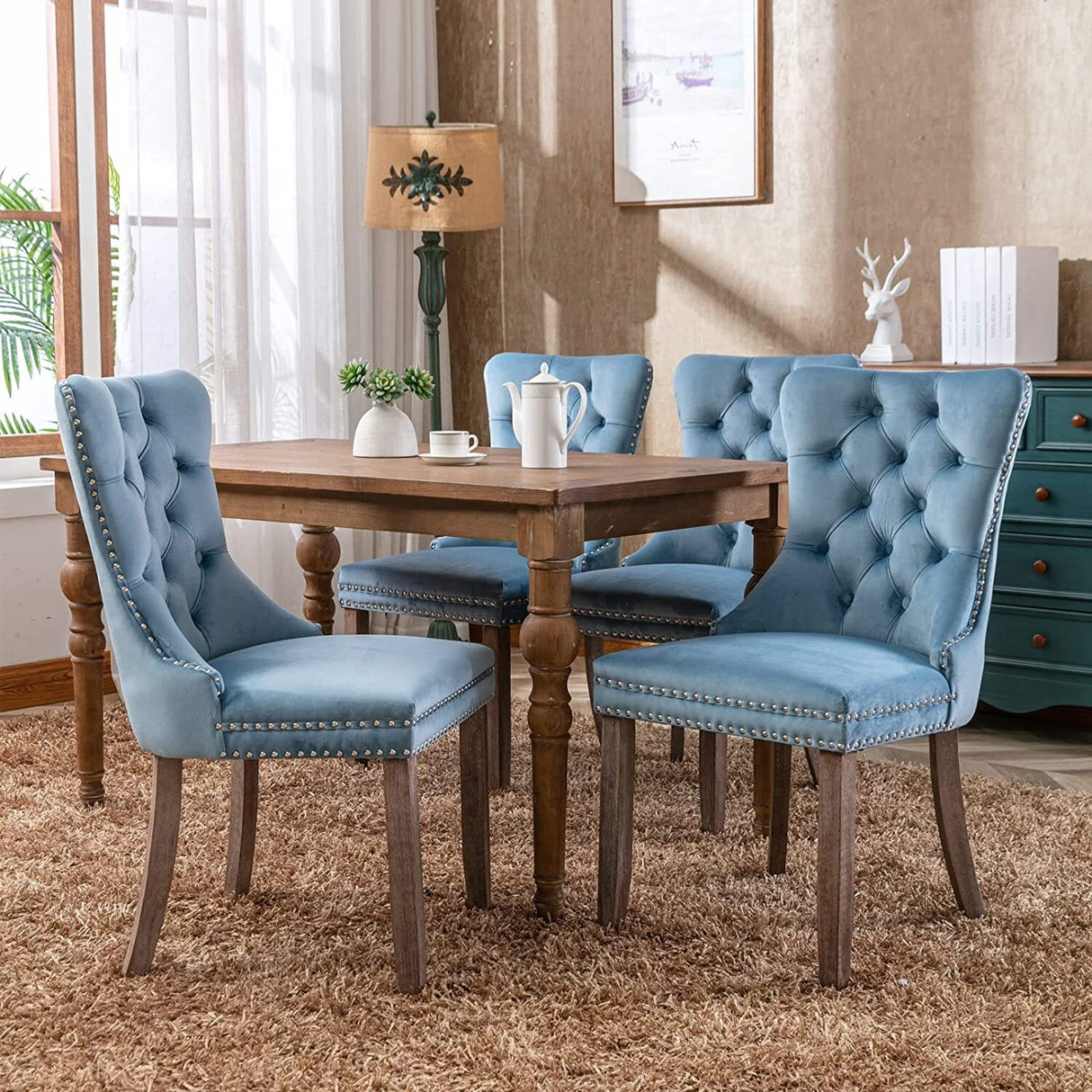 Dining Chairs Set of 2, Upholstered Accent Chair Button Tufted Armless Chair with Back Ring Pull and Nailhead Trim
