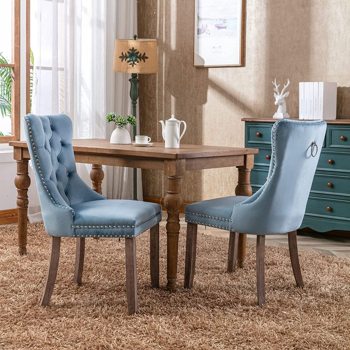 Dining Chairs Set of 2, Upholstered Accent Chair Button Tufted Armless Chair with Back Ring Pull and Nailhead Trim