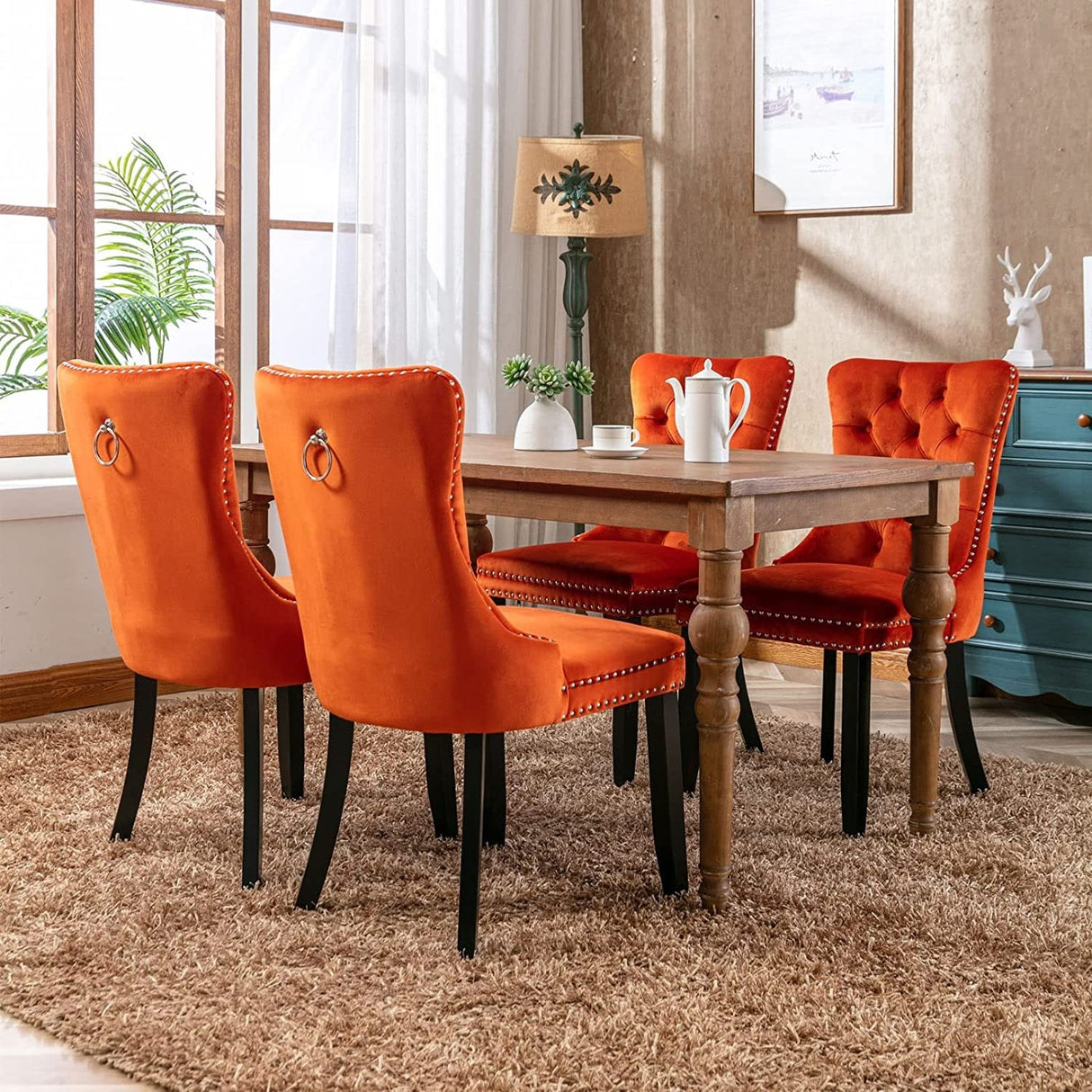 Dining Chairs Set of 2, Upholstered Accent Chair Button Tufted Armless Chair with Back Ring Pull and Nailhead Trim