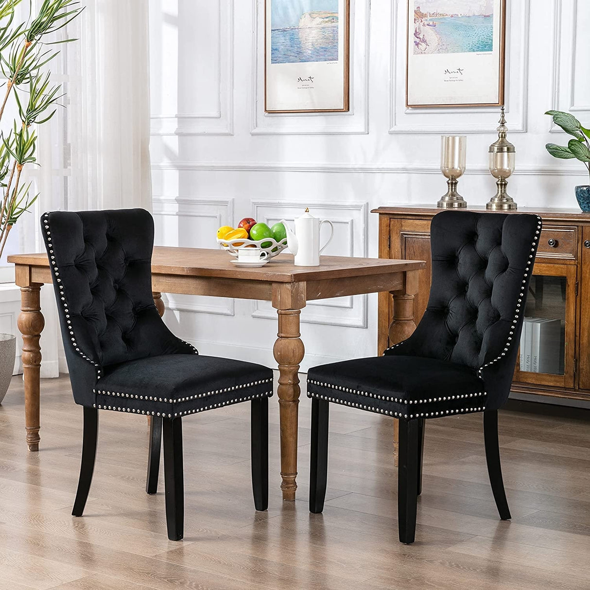 Dining Chairs Set of 2, Upholstered Accent Chair Button Tufted Armless Chair with Back Ring Pull and Nailhead Trim