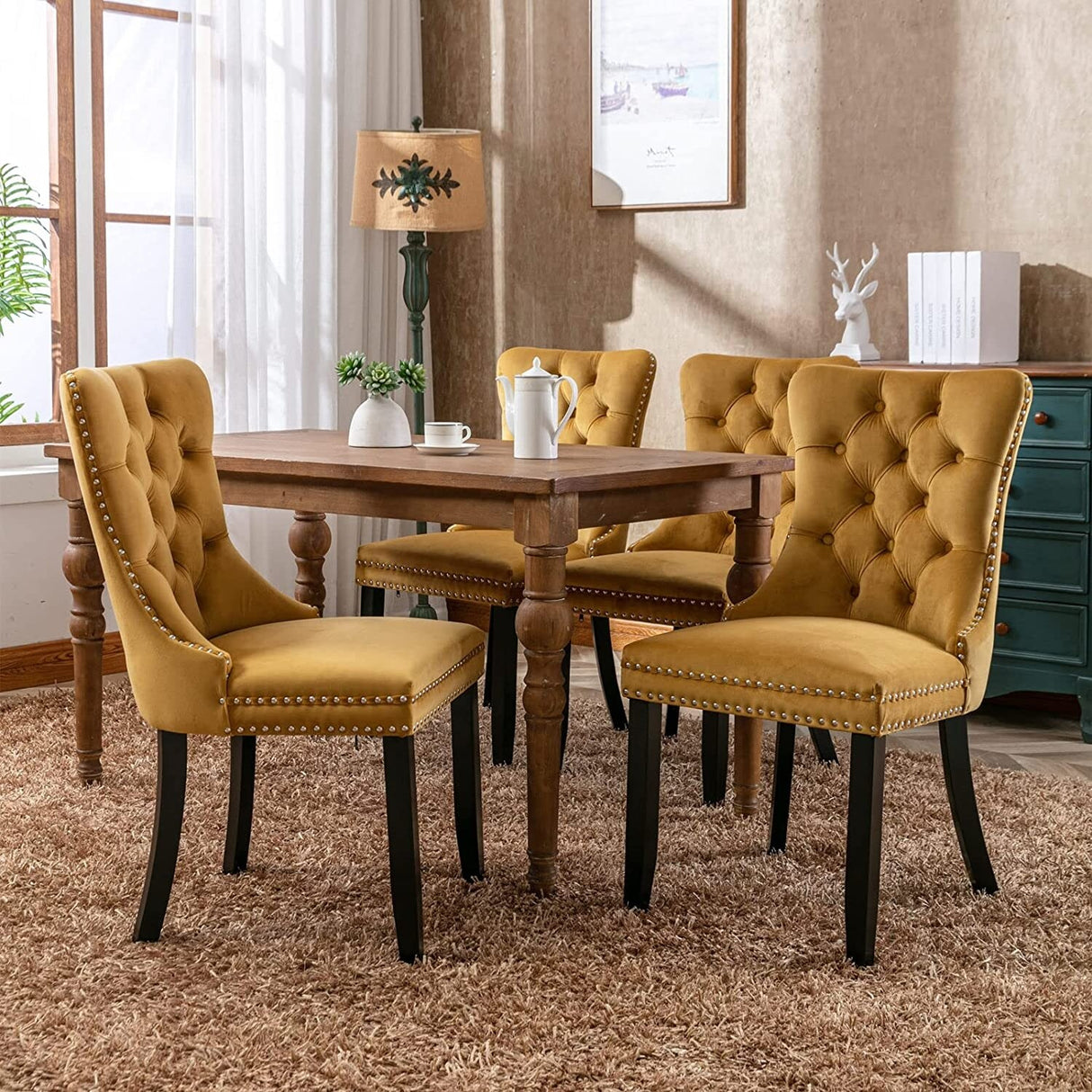 Dining Chairs Set of 2, Upholstered Accent Chair Button Tufted Armless Chair with Back Ring Pull and Nailhead Trim
