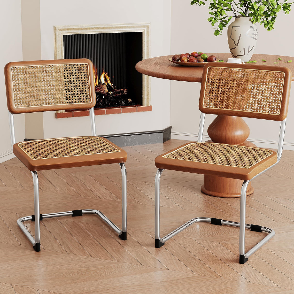 Dining Chairs Set of 2, Upholstered Natural Rattan Kitchen Chairs, Armless Accent Chair Side Chairs