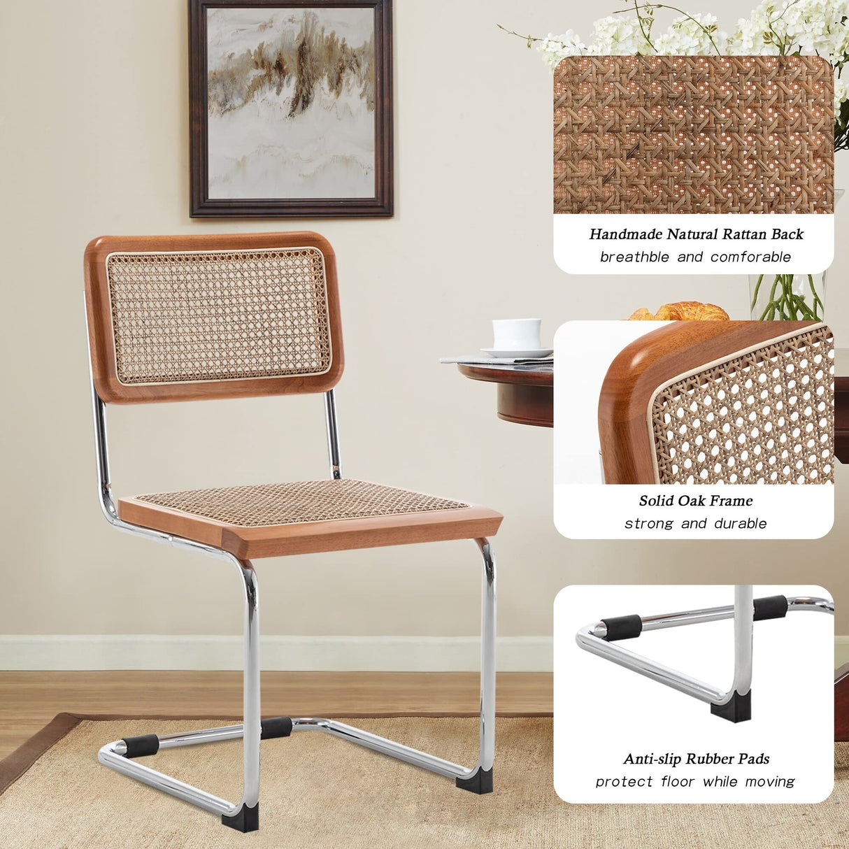 Dining Chairs Set of 2, Upholstered Natural Rattan Kitchen Chairs, Armless Accent Chair Side Chairs