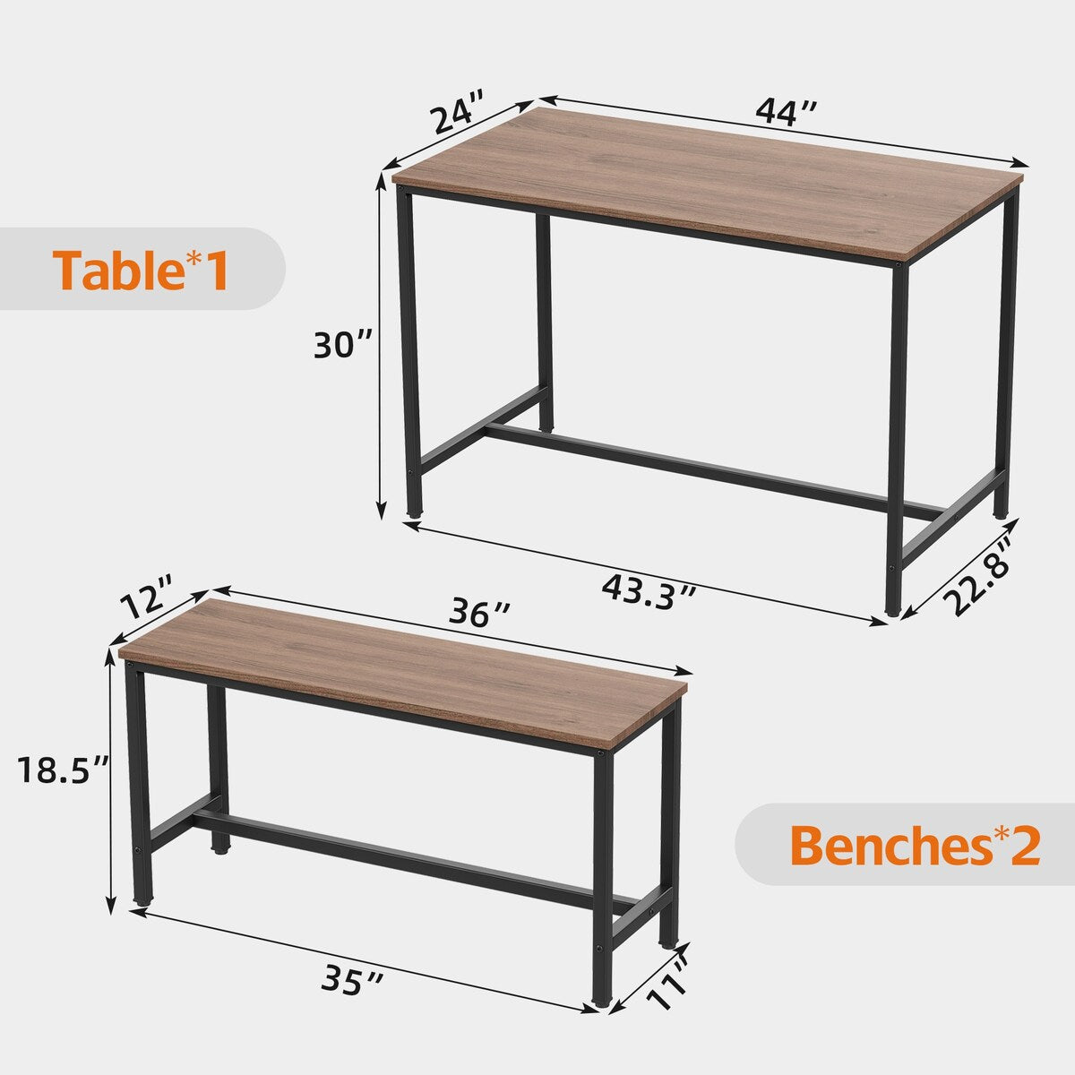 Dining Table Set for 4, Kitchen Table with Benches, Rectangular Dining Room Table Set with 2 Metal Wood Benches, 3 Piece Dining