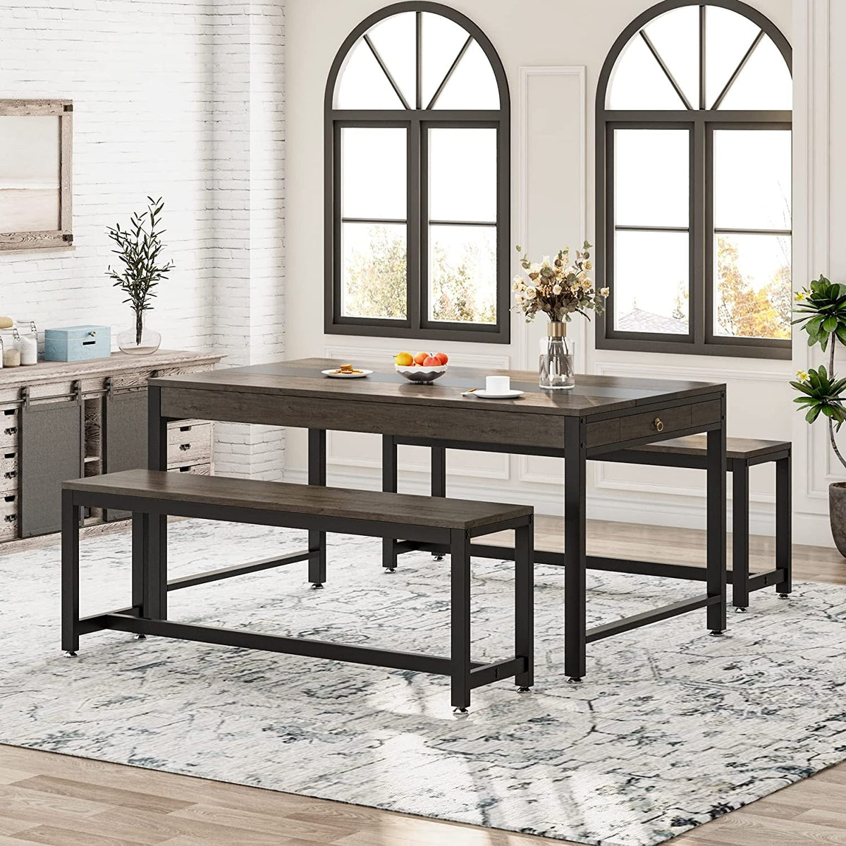 63 Inches 3-piece Large Dining Table Set with 2 Benches