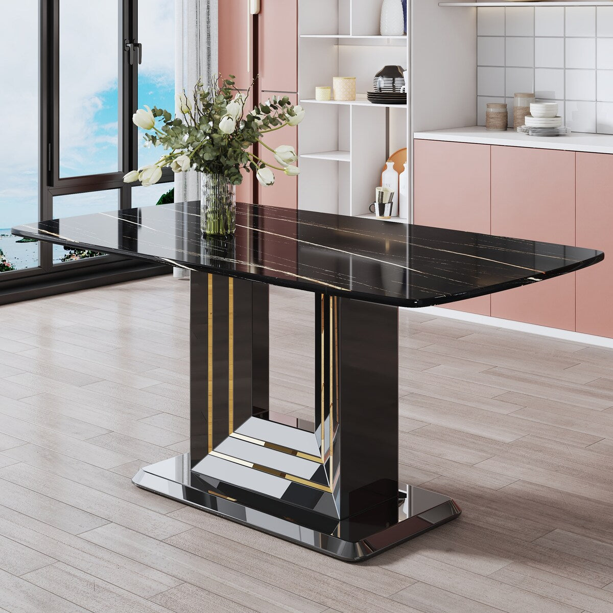 Dining table with imitation marble pattern desktop