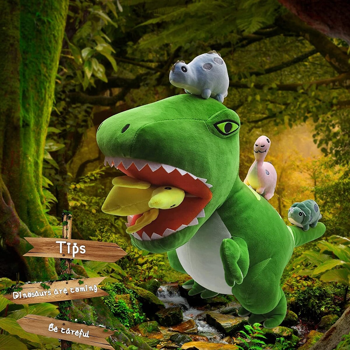 Dinosaur Stuffed Animals, Soft Plush Toys with 4 Pieces Cute Fluffy Baby Dinosaur Inside Its Zippered Tummy